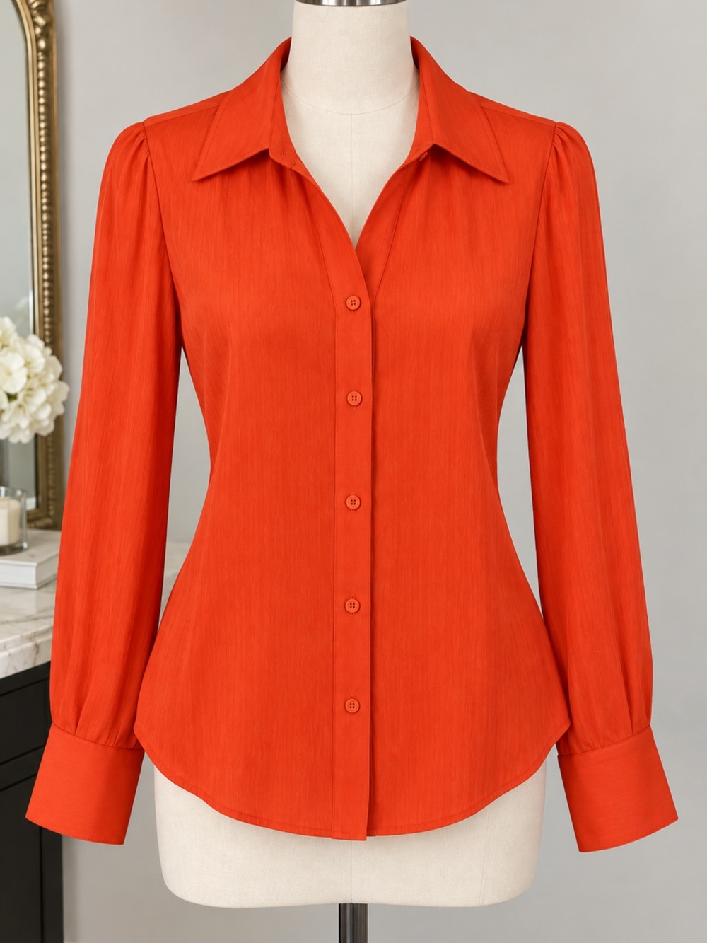 Women's 100% silk Orange Button-Front Blouse